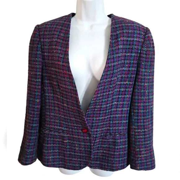 Vintage 80s Koret Purple Tweed Wool Blazer Sz 10 Preppy Career Academia Chic - Picture 2 of 7